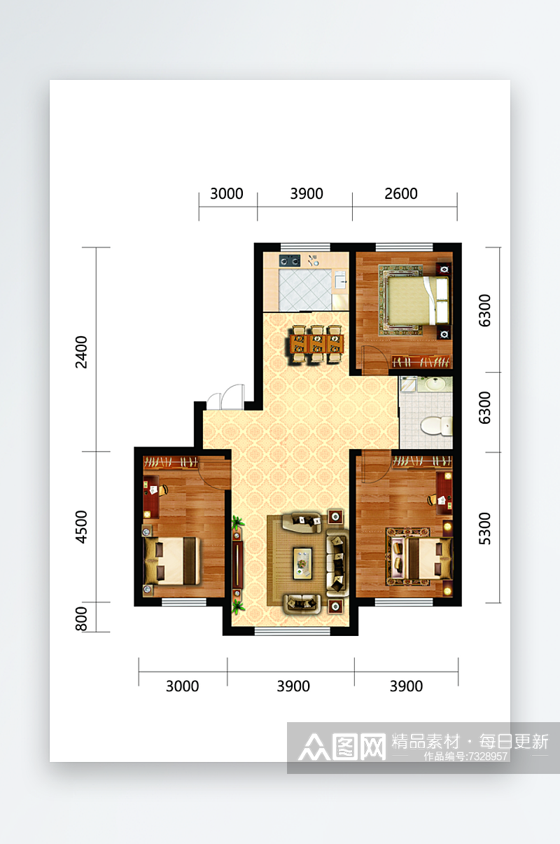 房地产户型图创意户型设计三室两厅素材