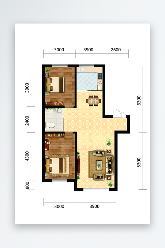房地产户型设计两室一厅一卫创意户型图