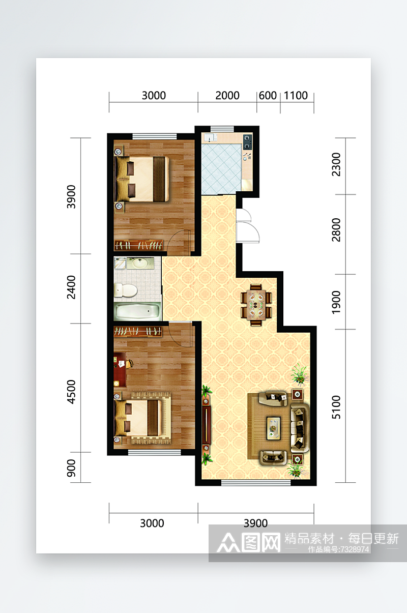 房地产户型设计两室一厅一卫标准户型图素材