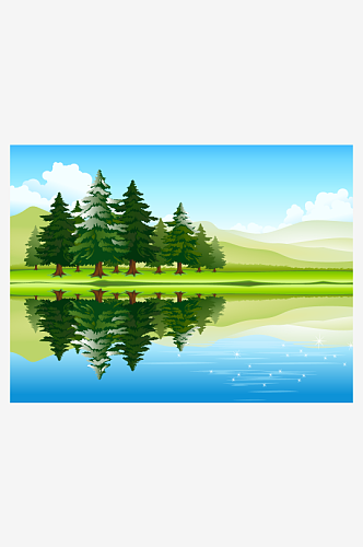 唯美天空树林湖畔风景画矢量插画