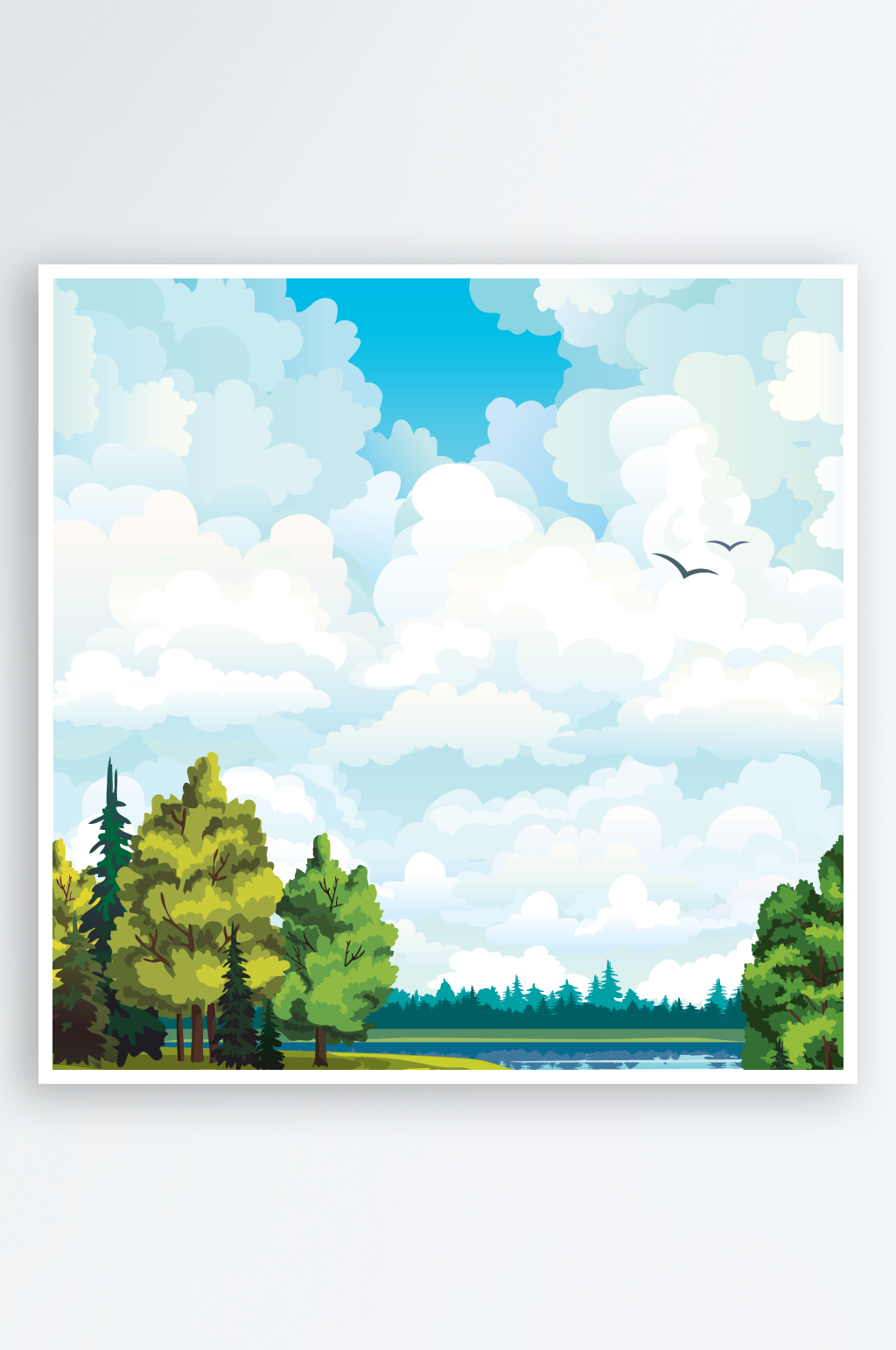 唯美天空樹林湖畔風(fēng)景畫矢量插畫素材