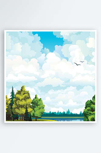 唯美天空树林湖畔风景画矢量插画