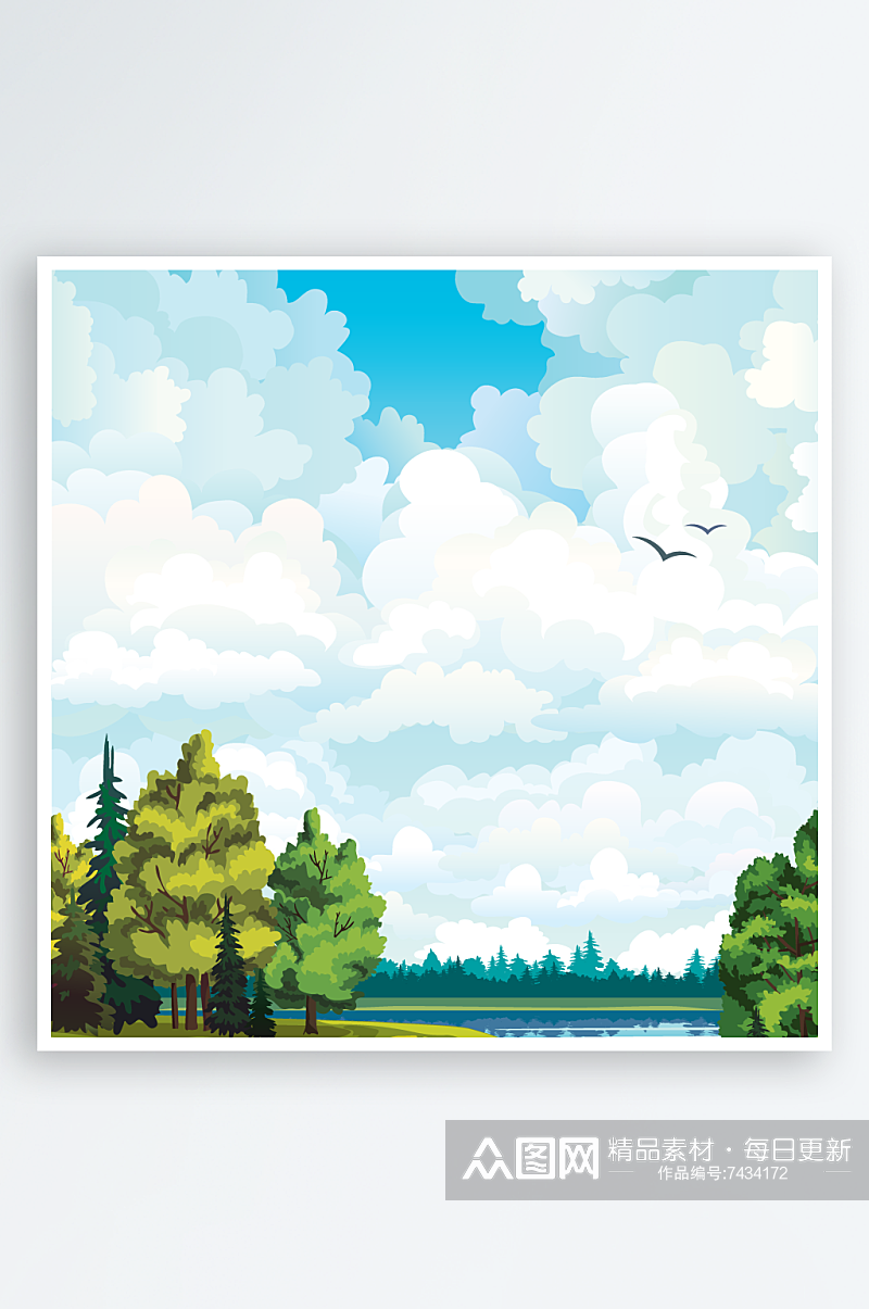 唯美天空树林湖畔风景画矢量插画素材