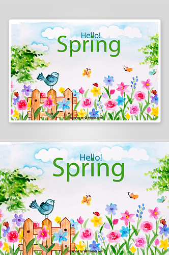 彩绘春季花园风景矢量素材