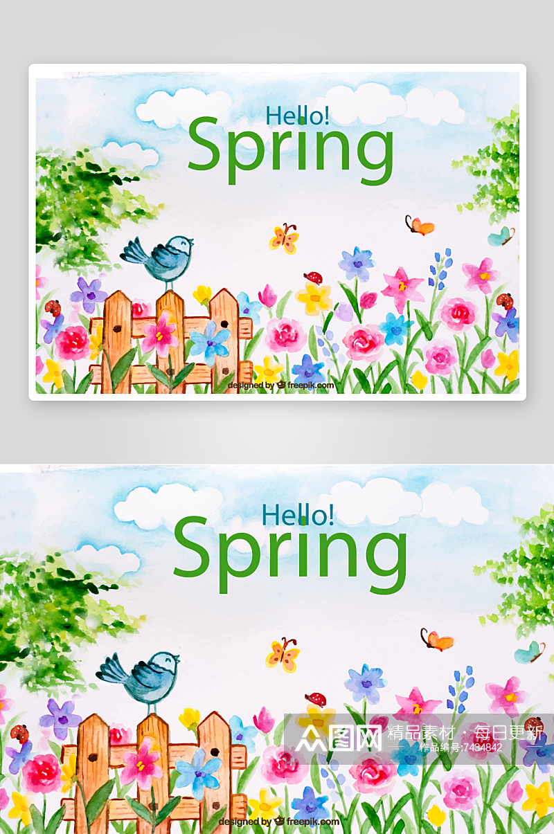 彩绘春季花园风景矢量素材素材