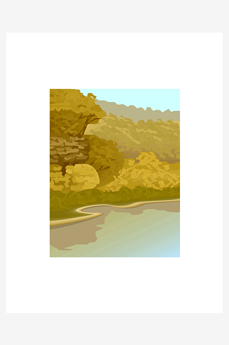 矢量山林湖畔水彩风景画