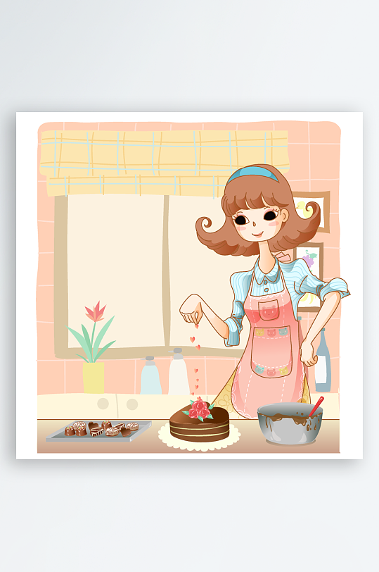 矢量在厨房烘焙蛋糕的女孩