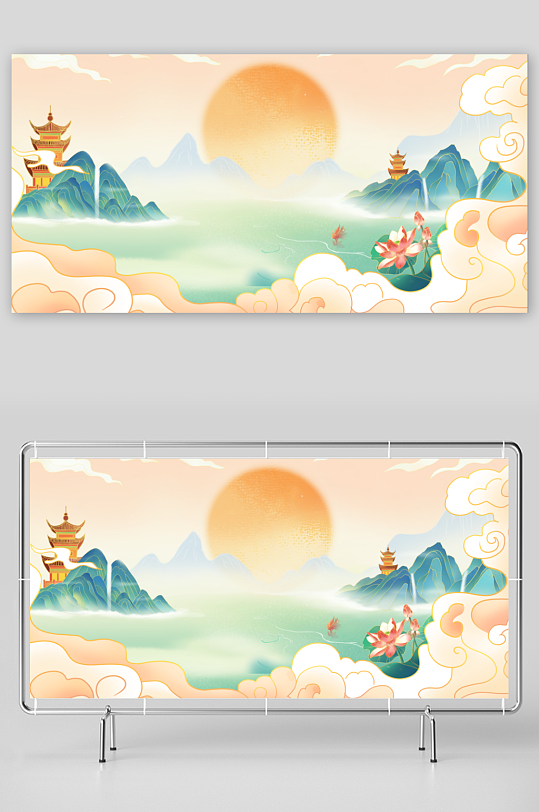 中式国潮山水背景-众图网