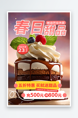 春日甜品蛋糕开业大促宣传海报