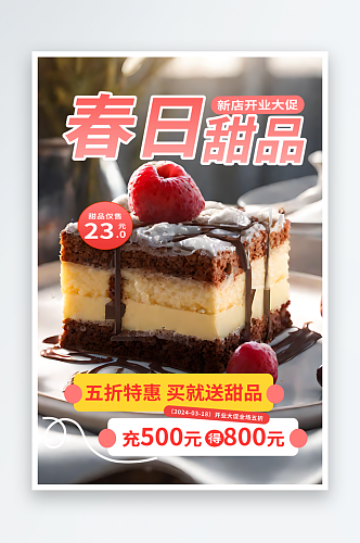 春日甜品蛋糕开业大促宣传海报