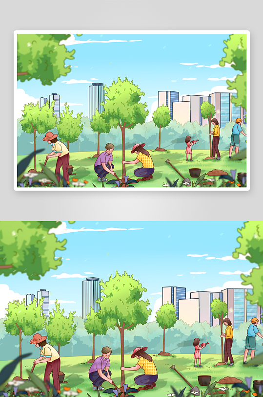 传统节日植树节种树人物手绘插画绿色城市