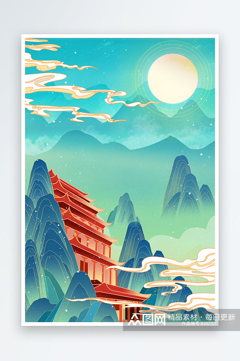 中国风复古节气国潮背景插画山水云风景海报素材