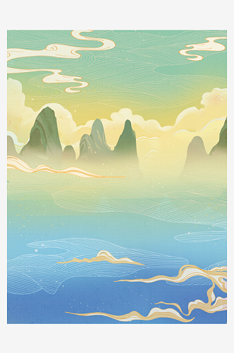 中国风复古节气国潮背景插画山水云风景海报