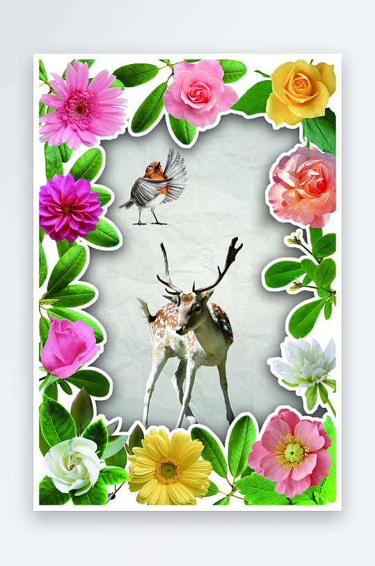 免扣绿叶鲜花动物创意剪纸海报