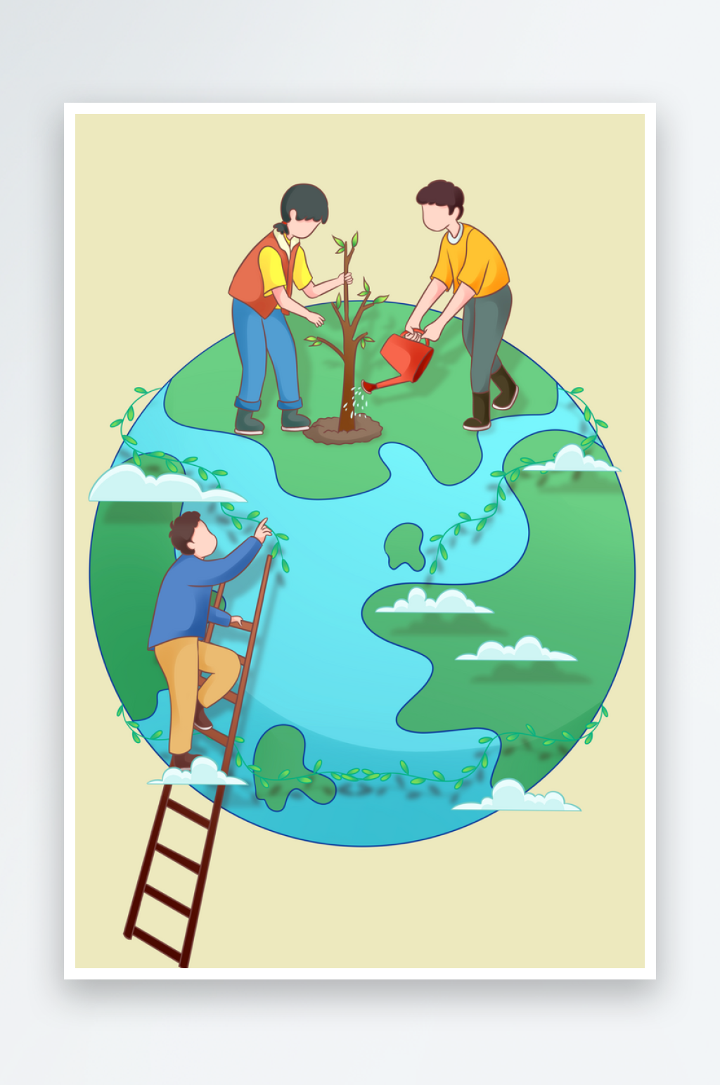植树节种树地球植树扁平人物梯子素材
