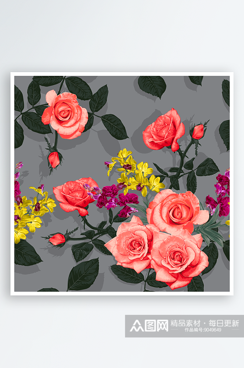 精致素雅玫瑰花卉叶子背景碎花无缝图素材