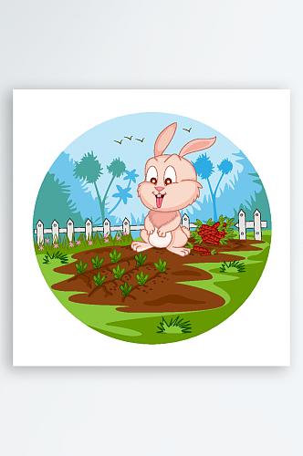 矢量卡通手绘可爱兔子种植胡萝卜