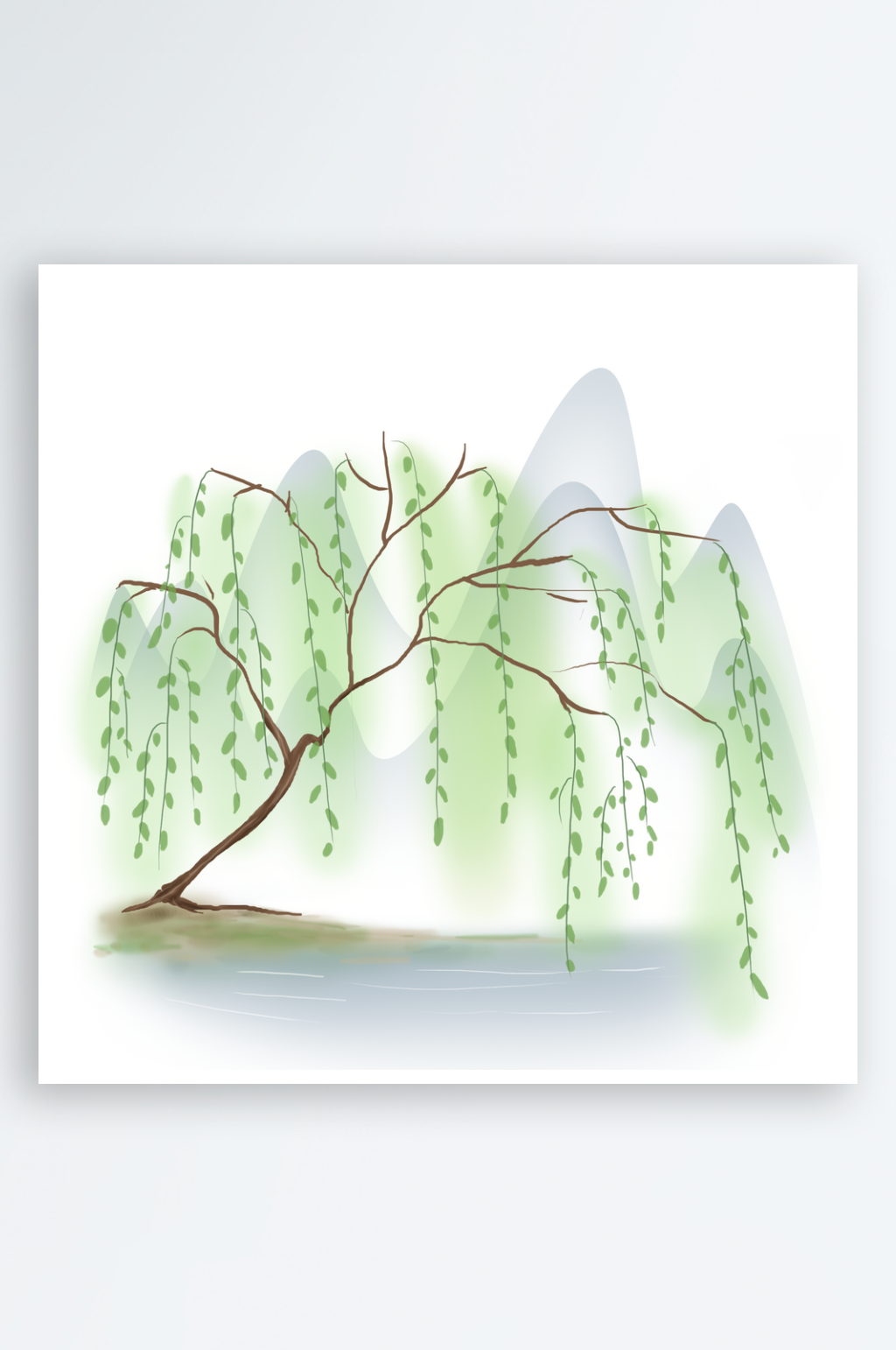 春天绿色春季水墨柳树柳枝柳条柳叶海报插画素材