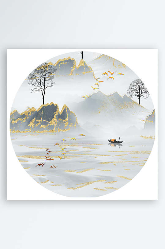 水墨山水风景画圆形装饰画-众图网