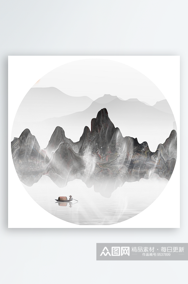 中式山水风景画圆形挂画素材