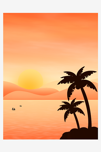 夏威夷风格日落椰树海滩海岛风景插画广告