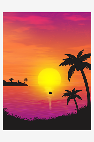 夏威夷风格日落椰树海滩海岛风景插画广告