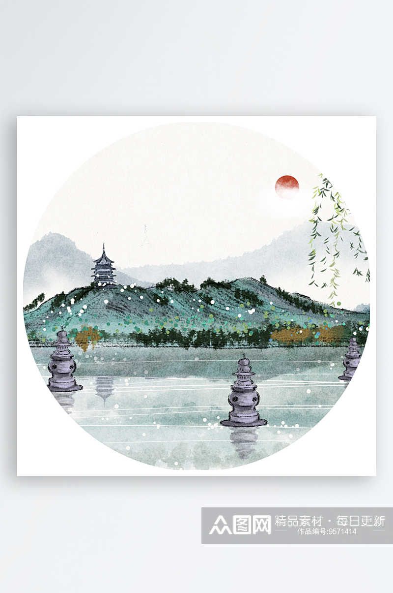 中国风风景画圆形装饰画素材