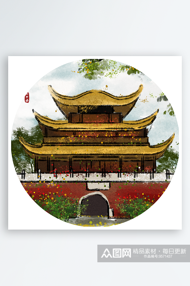 中国风水墨建筑风景画圆形装饰画挂画素材