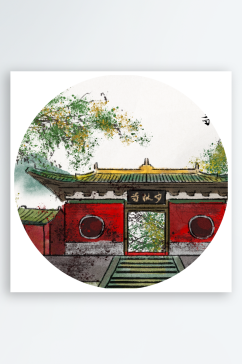 中国风水墨建筑风景画圆形装饰画挂画