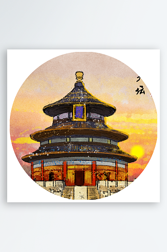 中国风水墨建筑风景画圆形装饰画挂画