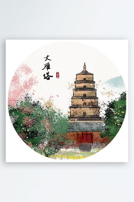 中国风水墨建筑风景画圆形装饰画挂画