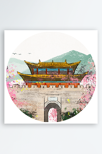 中国风水墨建筑风景画圆形装饰画挂画