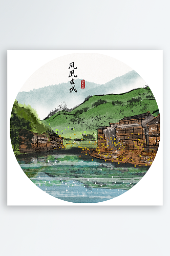 中国风水墨建筑风景画圆形装饰画挂画