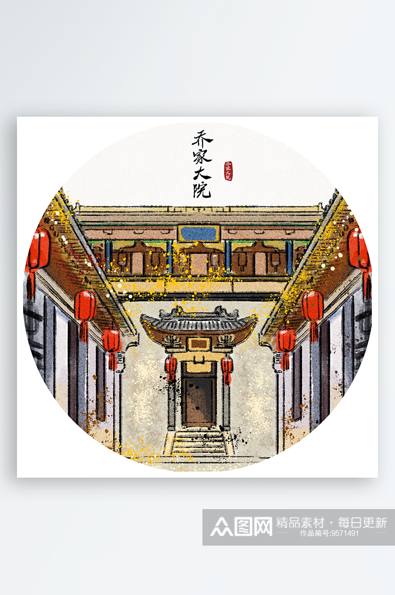 中国风水墨建筑风景画圆形装饰画挂画素材