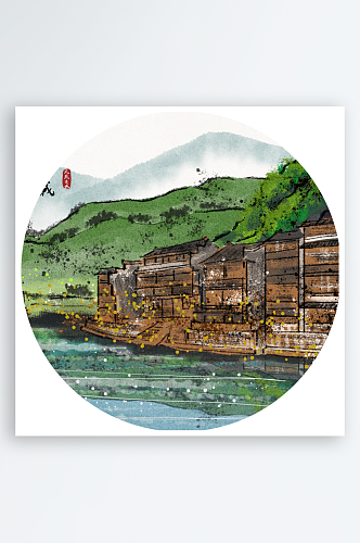 水彩中国风风景画装饰画