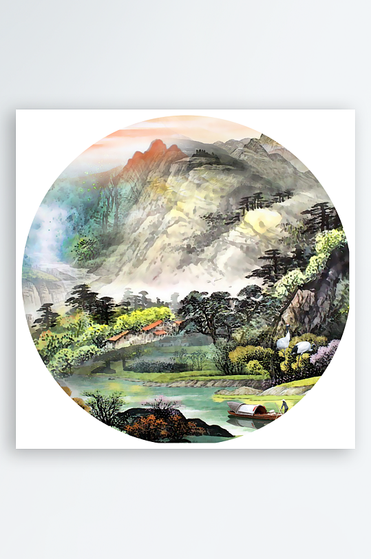 水墨山水风景画圆形装饰画