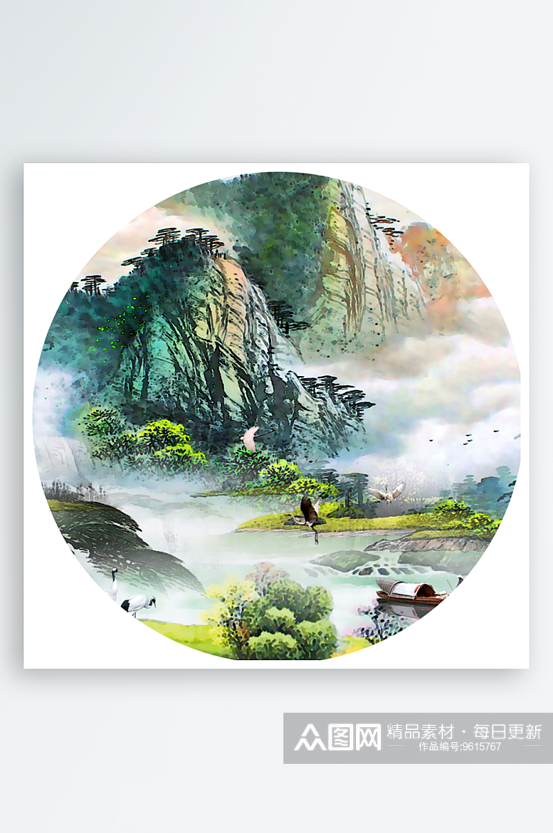 山水风景画圆形装饰画素材