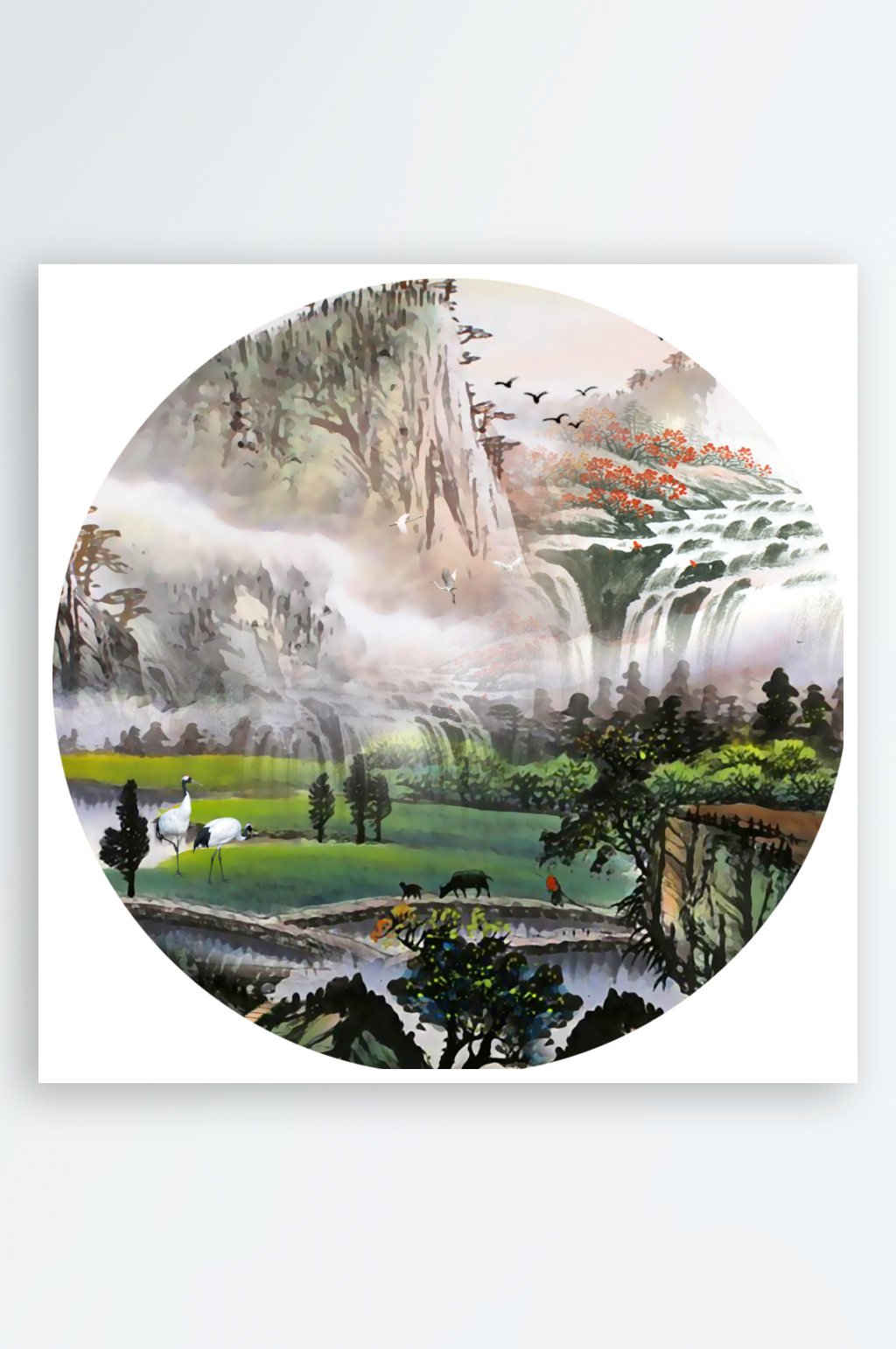 山水风景画圆形装饰画素材
