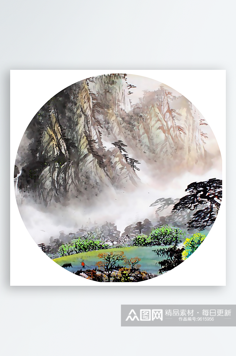 中国风山水画圆形装饰画素材