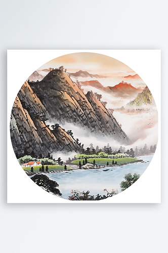 中国风山水画圆形装饰画