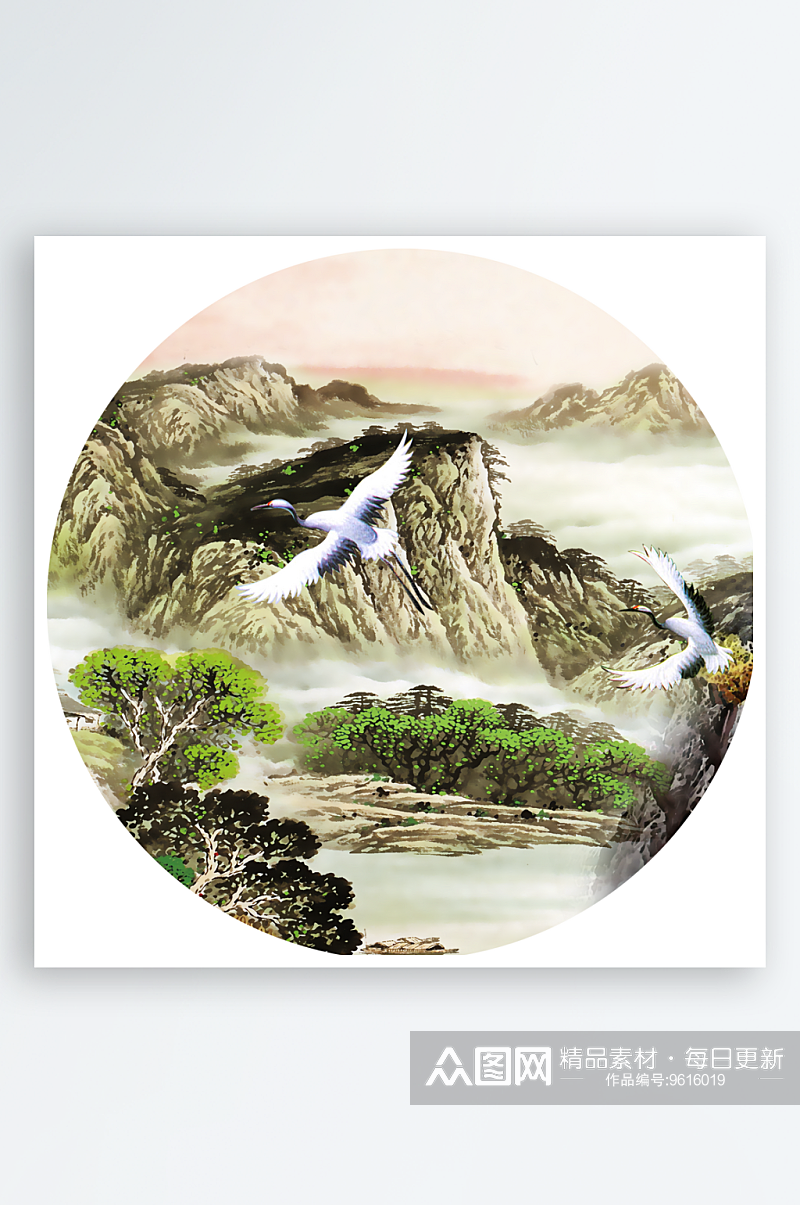 中国风山水画圆形装饰画素材