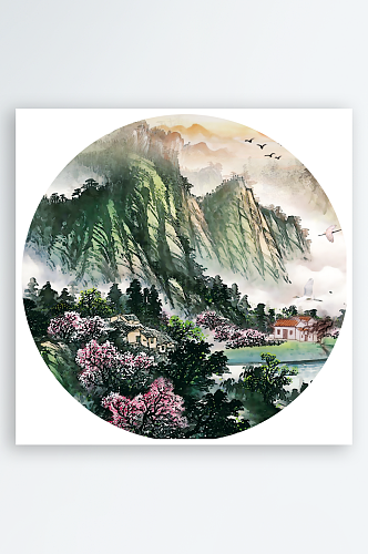 中国风山水画圆形装饰画