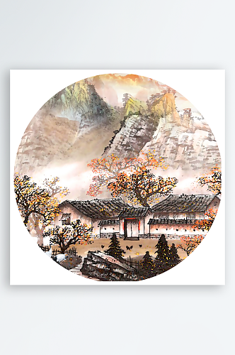 中国风山水画圆形装饰画