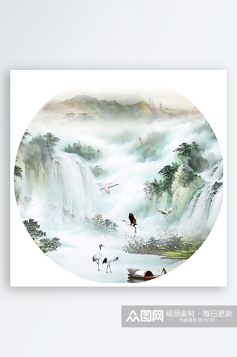 中国风山水风景画圆形装饰画素材