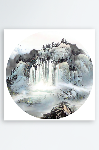 中国风山水风景画圆形装饰画