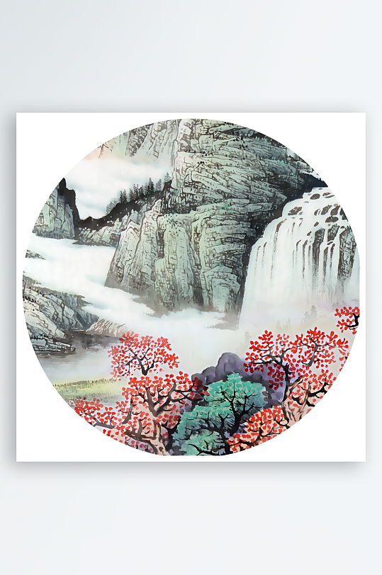 中国风山水风景画圆形装饰画-众图网