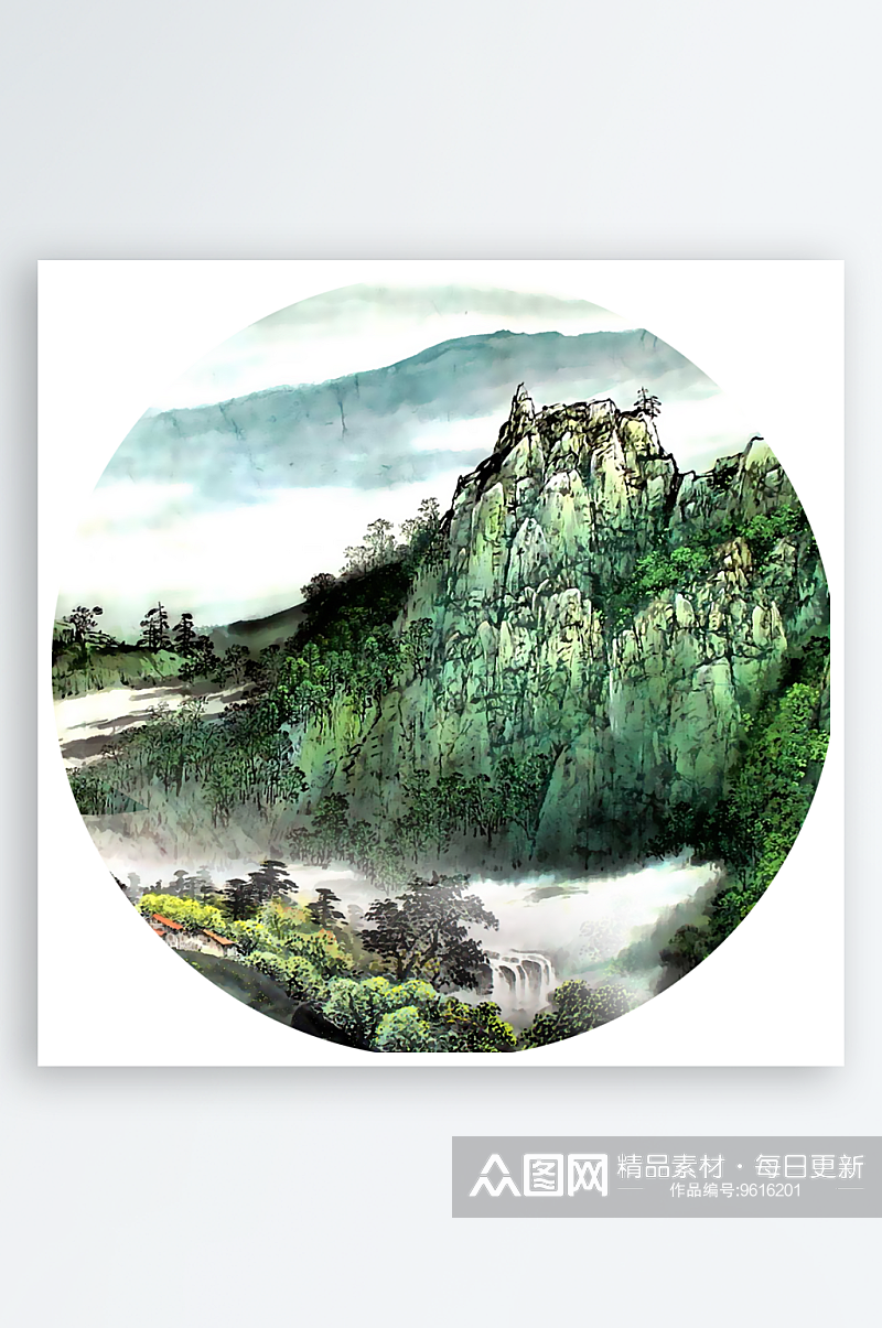 中国风山水风景画圆形装饰画素材
