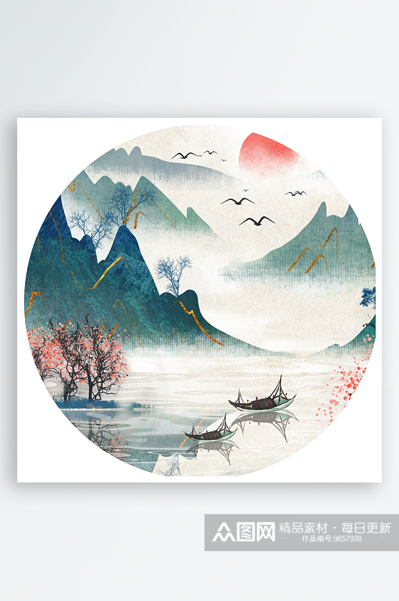 中国风水墨山水画圆形装饰画素材