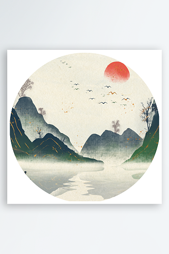 中国风水墨山水画圆形装饰画