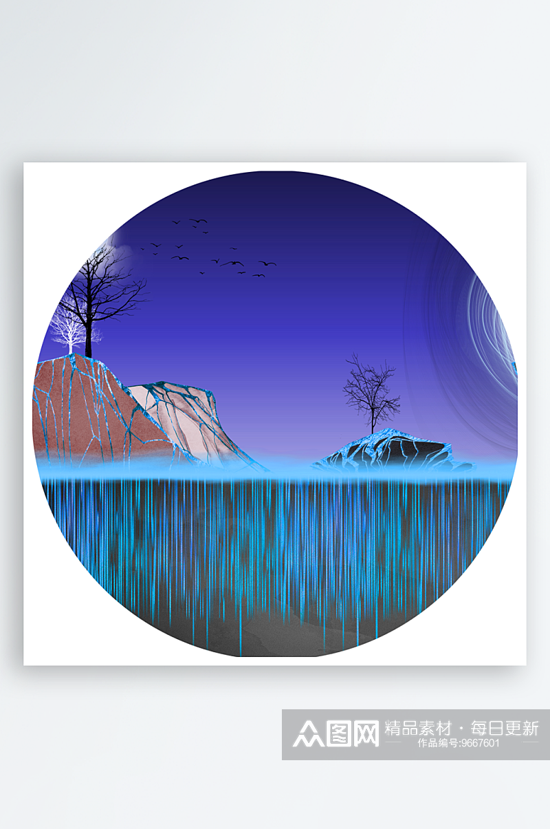 水彩山水湖泊艺术装饰画素材